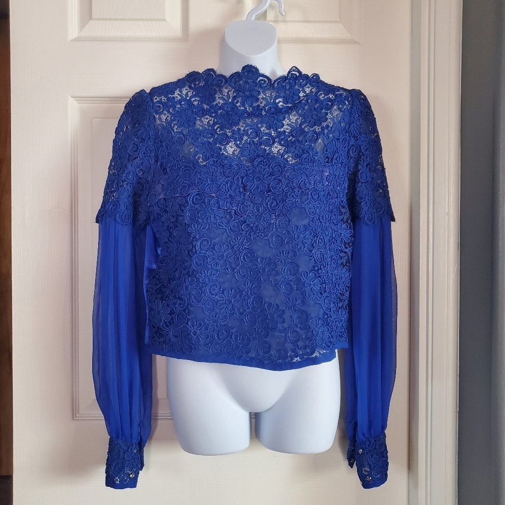 Electric Blue Lace Satin‎ Blouse Long Sheer Sleeves Boxy High-neck Size Medium